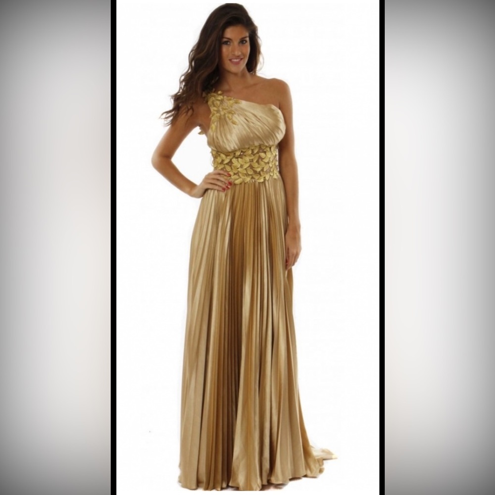 SHERRI HILL - GOLD LEAF PLEATED OFF SHOULDER GOWN - BRIDESMAID DRESSES